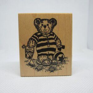 PSX teddy bear in a swimsuit on the beach rubber stamp